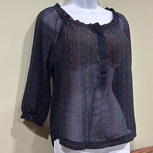 American Eagle Sheer Colorful Black Diagonal Print Ruffle Blouse Size Small